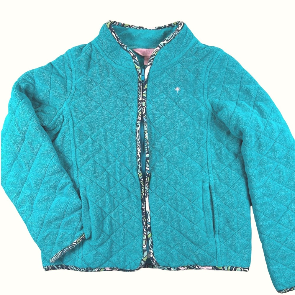 Girls Lilly Pulitzer Quilted Jacket Kids Size 10 Teal Full Zip‎ Navy Trim Preppy